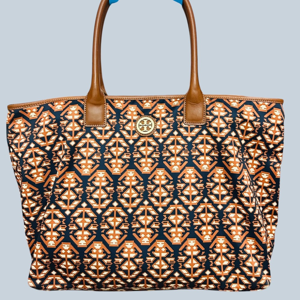 Tory Burch Ella Aztec Print Nylon Tote Leather Handles - Large -Brown Orange
